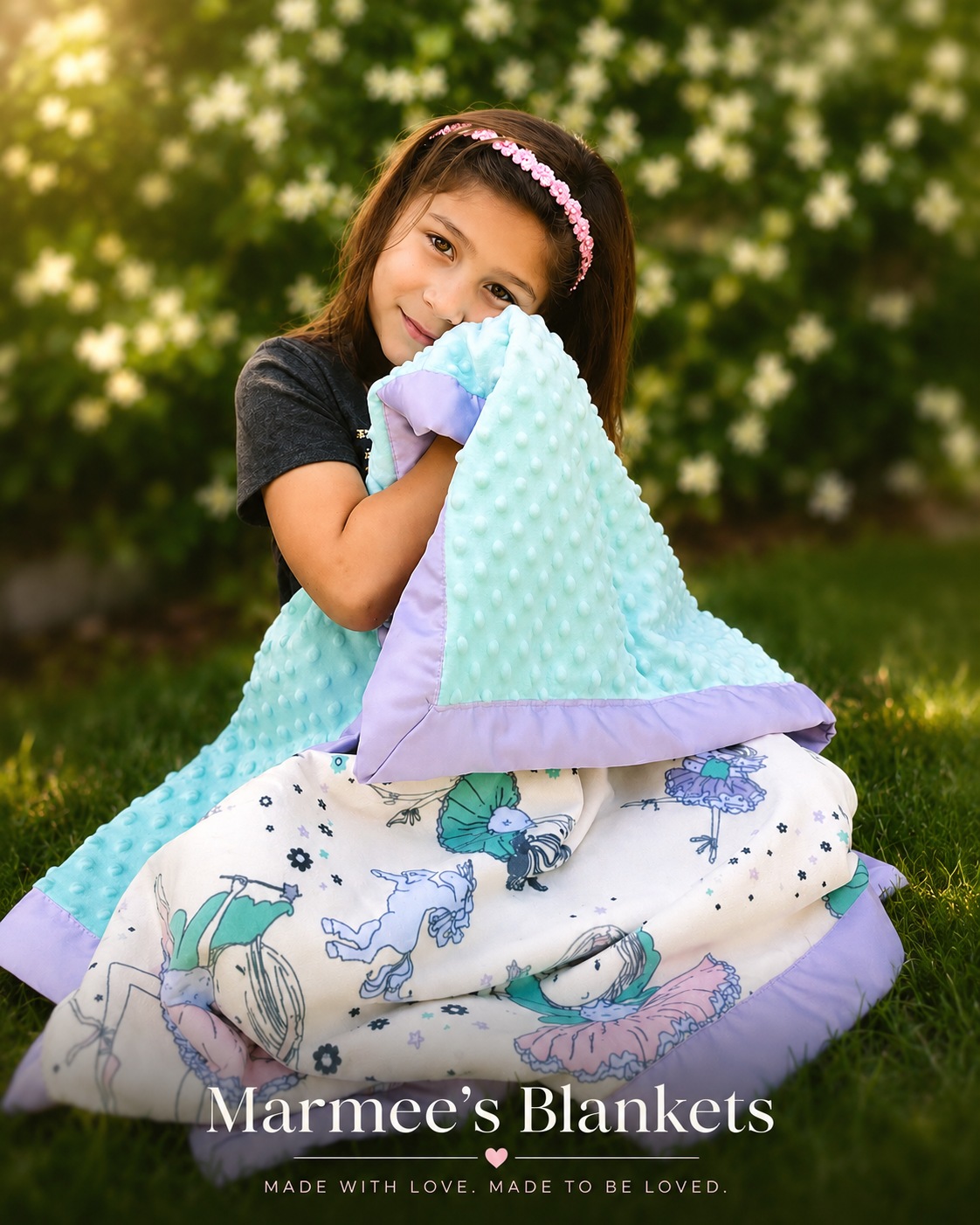 Little girl hugging a handmade lavender and mint minky baby blanket outdoors